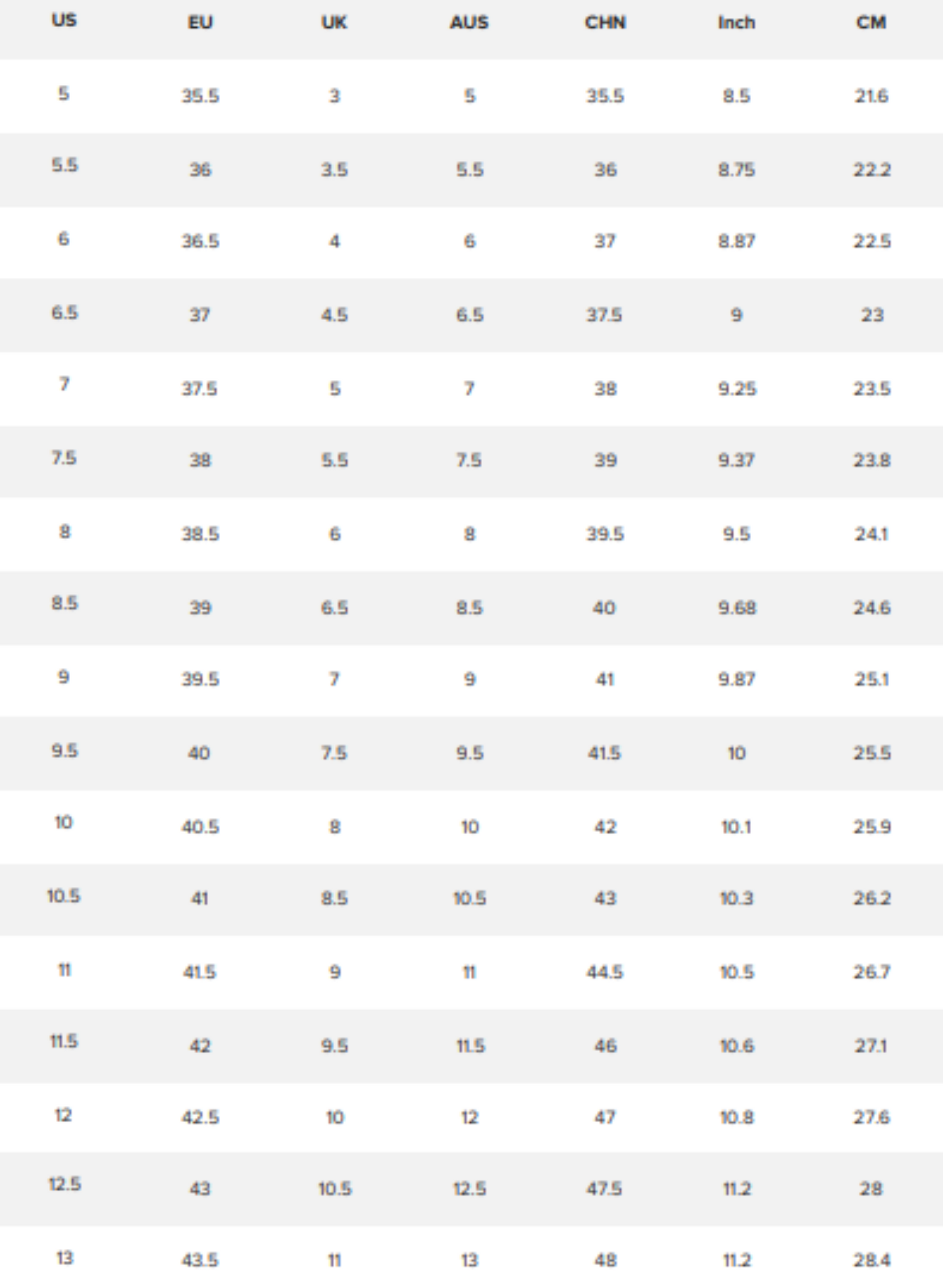 WOMENS SHOE SIZING CHART